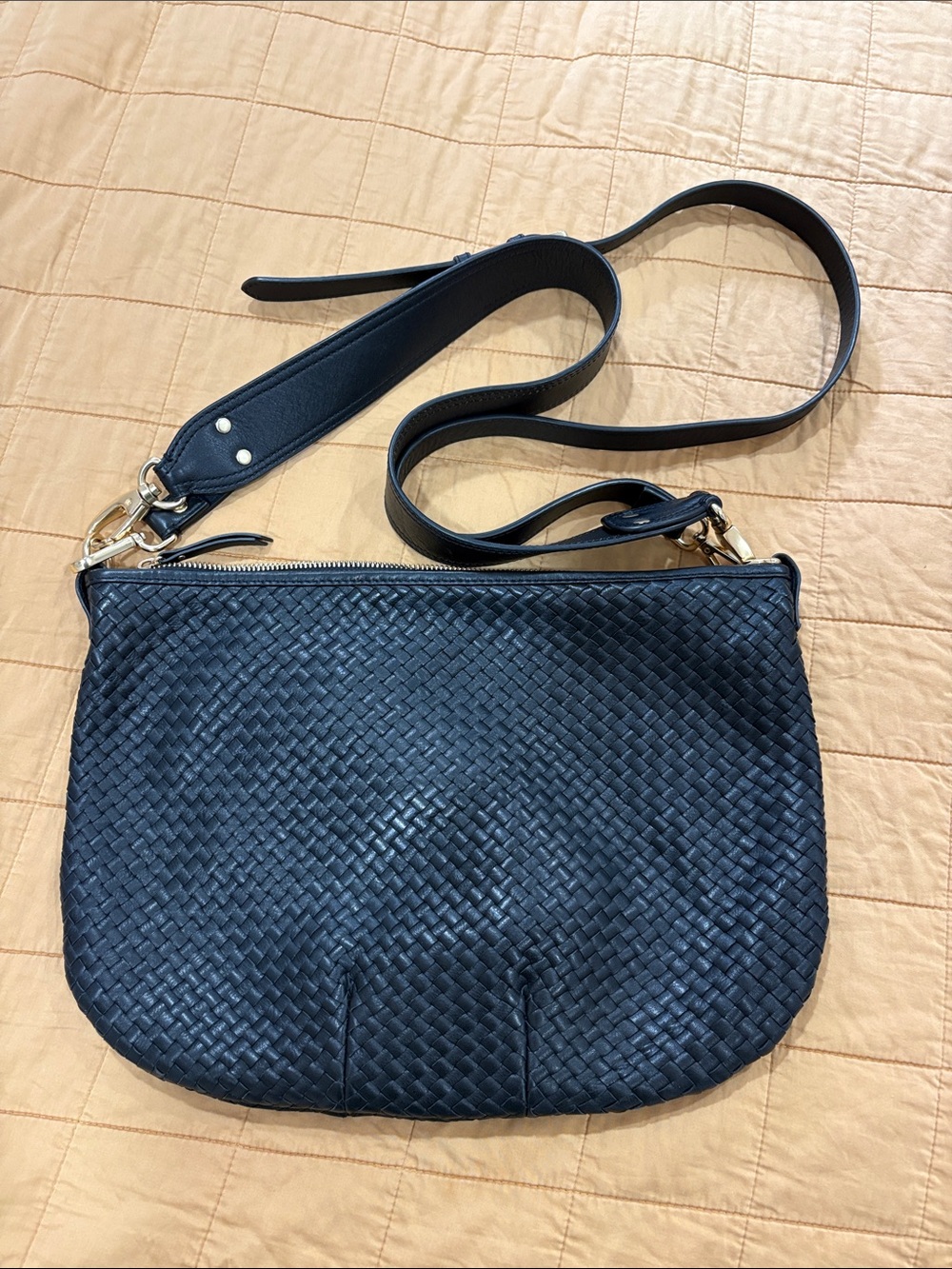 Quince Sloane Handwoven Leather Convertible Crescent Shoulder Bag Black
